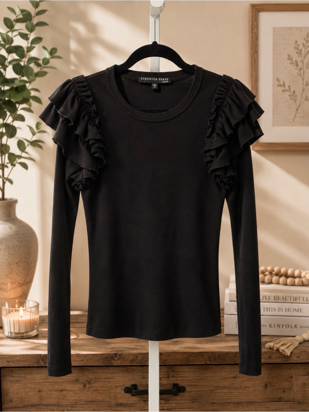 Veronica Beard Black Long-Sleeve Ribbed Top with Layered Ruffle Shoulders -NWOT